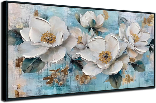 Ardemy White Floral Wall Art, Framed Canvas Wall Art For Living Room Large Teal Pictures Wall Decor Flower Paintings Artwork for Walls Dining Room Bedroom Home Office 58"x29"
