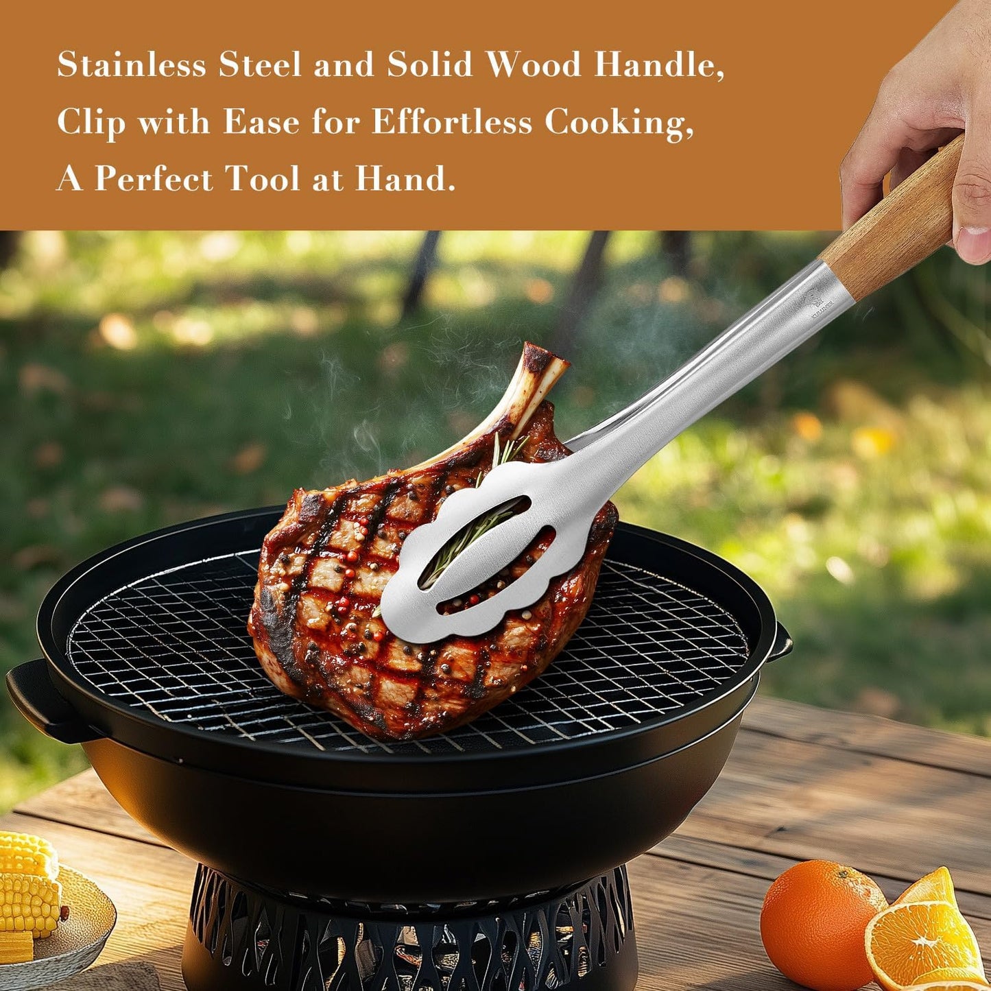 KULUNER Stainless Steel Barbecue Tongs with Solid Wood Handle, Kitchen Metal Locking Design, Extra Long 17.5 Inches 700 Degrees, Suitable for Food Cooking, Salad and Outdoor Grilling(Acacia)