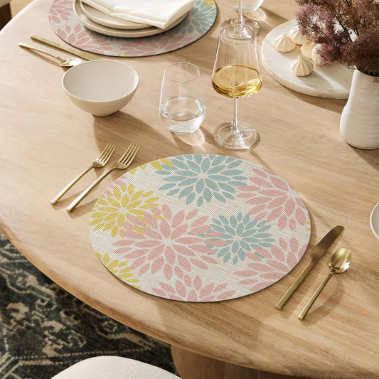 Artoid Mode Floral Vinyl Round Placemats Set of 4, 14 Inch Wipeable Non-Slip PVC Place Mats for Party Kitchen Dining Decor, Pink Blue