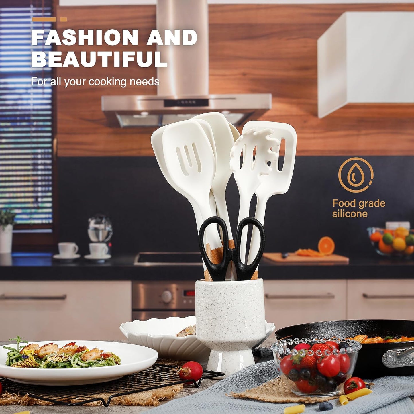 QMVESS Silicone Cooking Utensils Set, Kitchen Utensils Set 7 Pcs with Long Wooden Handle, Food Grade and Heat Resistant Large Silicone Spatula Set for Nonstick Cookware, BPA Free（White）