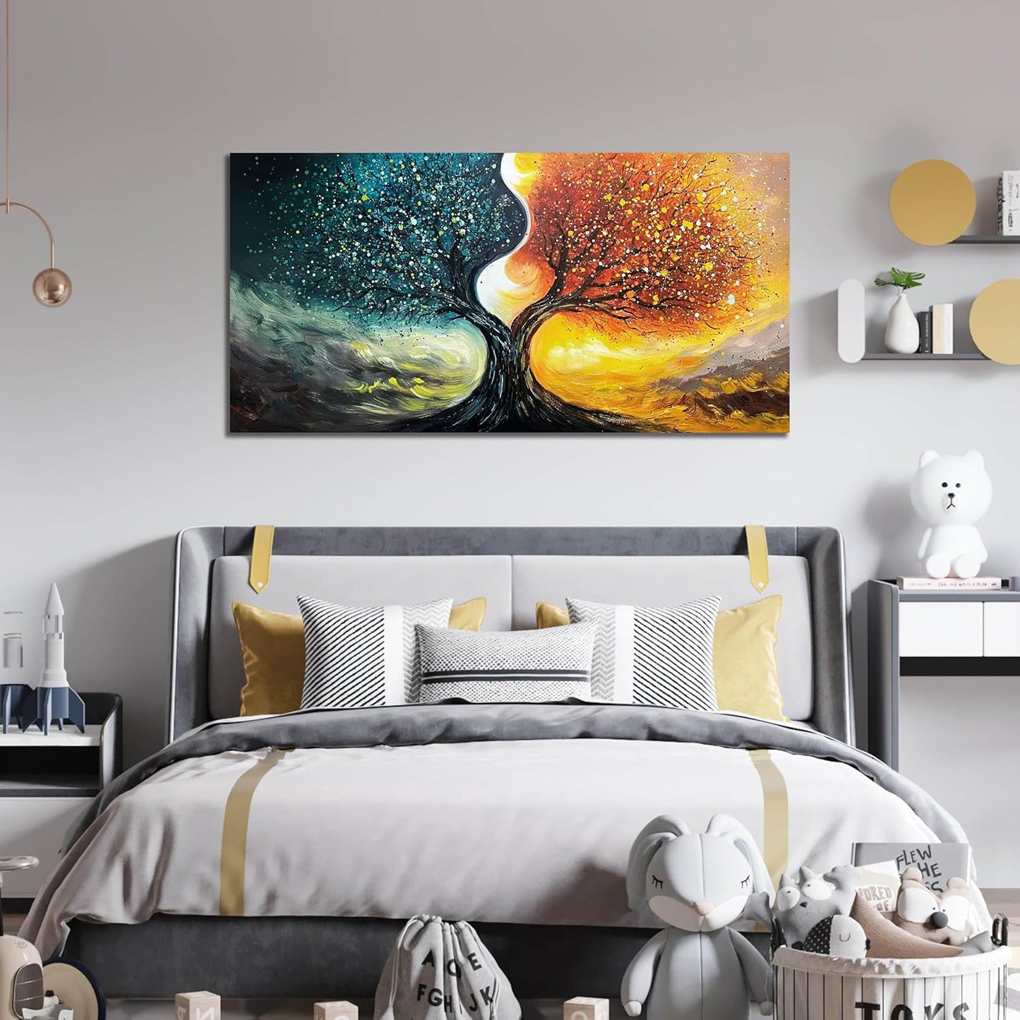 Tree Painting Wall Art for Living Room - Teal and Yellow Hand Painted Wall Art for Office - Abstract Canvas Wall Decor Bedroom Size 24" x 47"