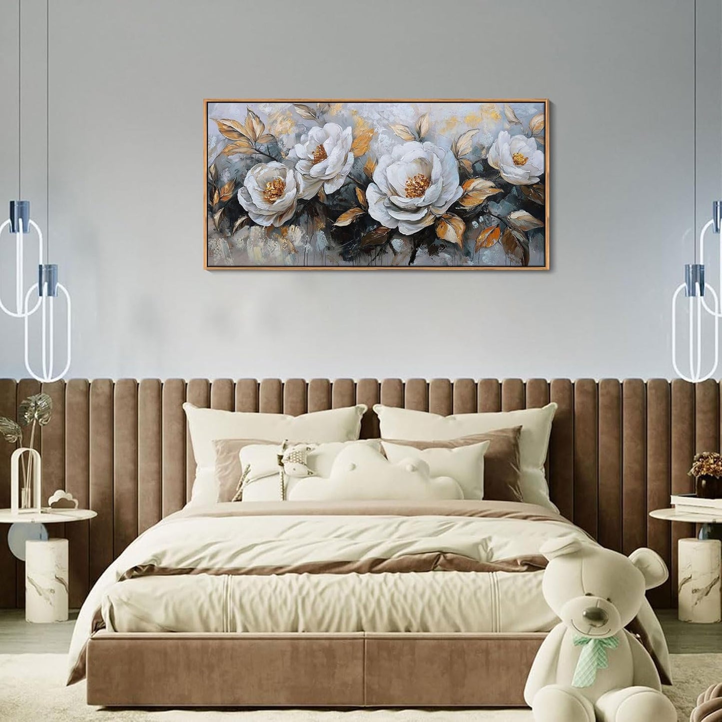 HKDGOKA Large Flowers Canvas Wall Art - Textured Petals Painting Golden Stamens Leaves Abstract Pictures Wall Decor Modern Gallery Floral Artwork for Living room Office Bedroom Home Decorations 20x40