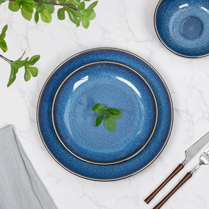 Plates and Bowls Sets for 6 - CJDC-QUELO 18-Piece Stoneware Dinnerware Sets, Ceramic Dishware Set for Indoor Kitchen Use and Formal Dining, Chip and Scratch Resistant Microwave Dishwasher Safe, Blue