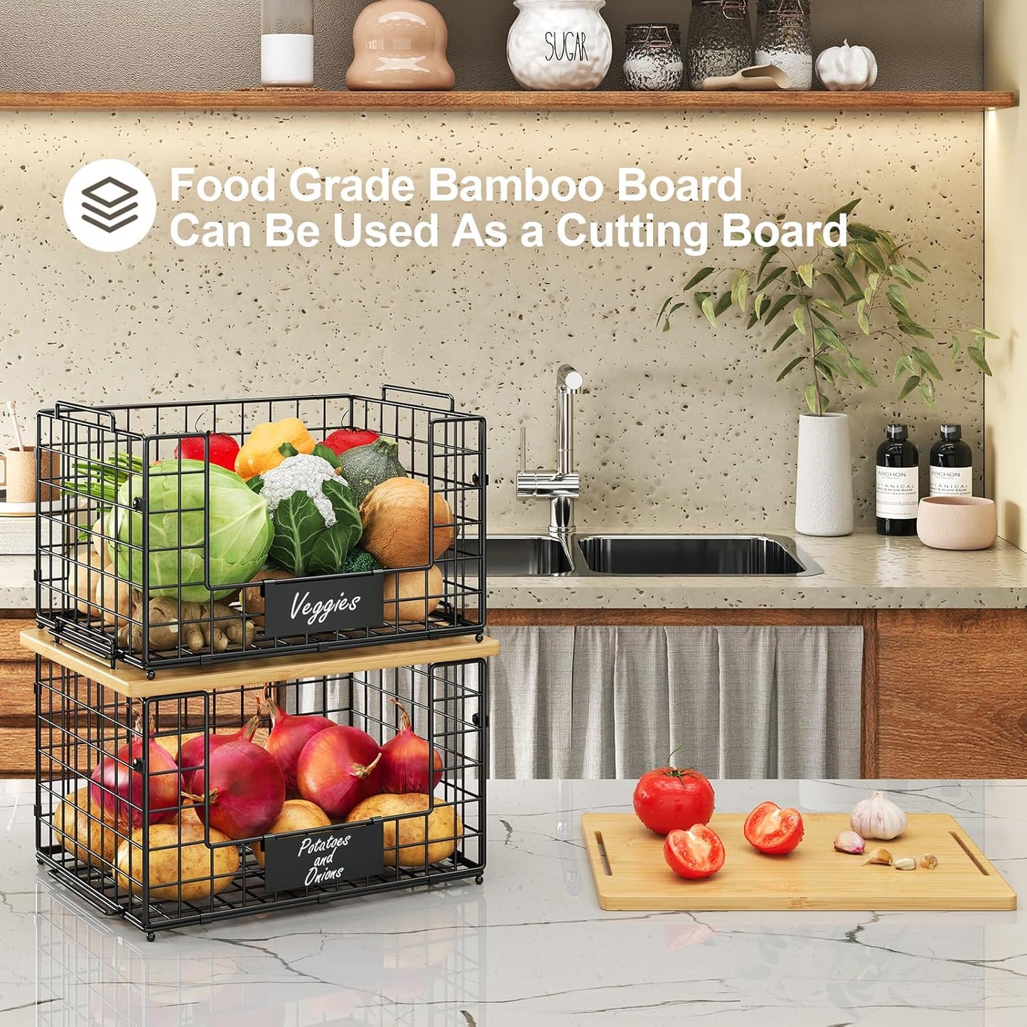 2 Pack Stackable Wire Baskets with Bamboo Top for Pantry Organizers and Storage, XXL Kitchen Organization Counter Basket for Fruit, Vegetable, Produce, Bread, Potato and Onion Storage Bins