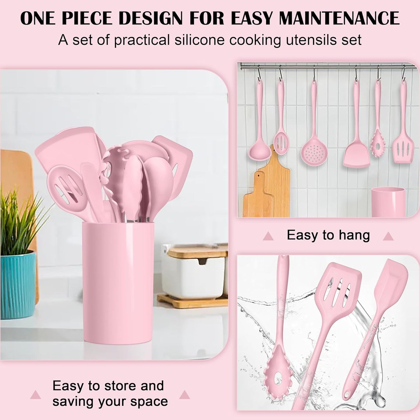 HaWare Kitchen Utensils, 14 PCS Silicone Cooking Utensils Set, Heat Resistant Kitchen Utensils for Non-stick Cookware, Kitchen Gadgets Tools with Spoons, Spatulas, Whisk, Dishwasher Safe (Pink)