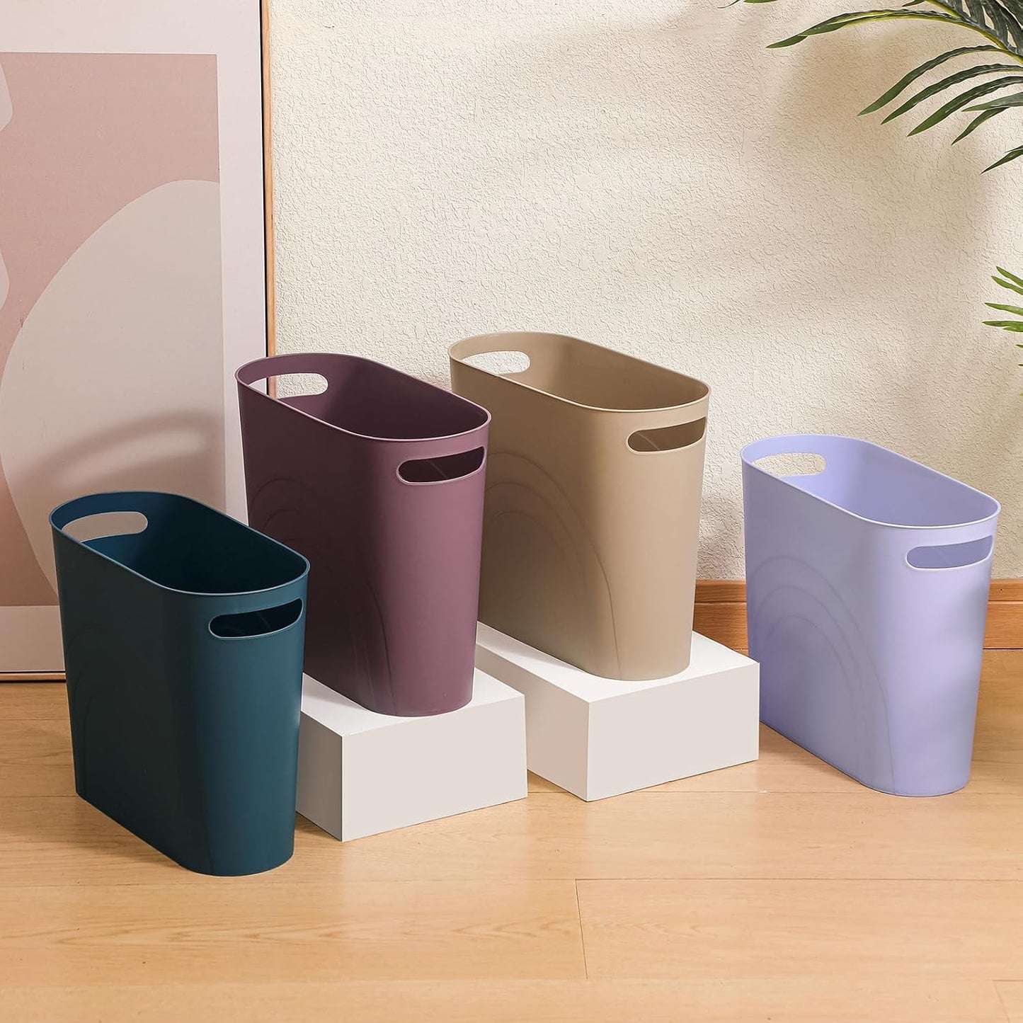 rejomiik Small Trash Can, 3.5 Gallon Slim Garbage Can Plastic Waste Basket with Handles Container Bin for Narrow Spaces Bathroom, Bedroom, Kitchen, Office at Home, Khaki