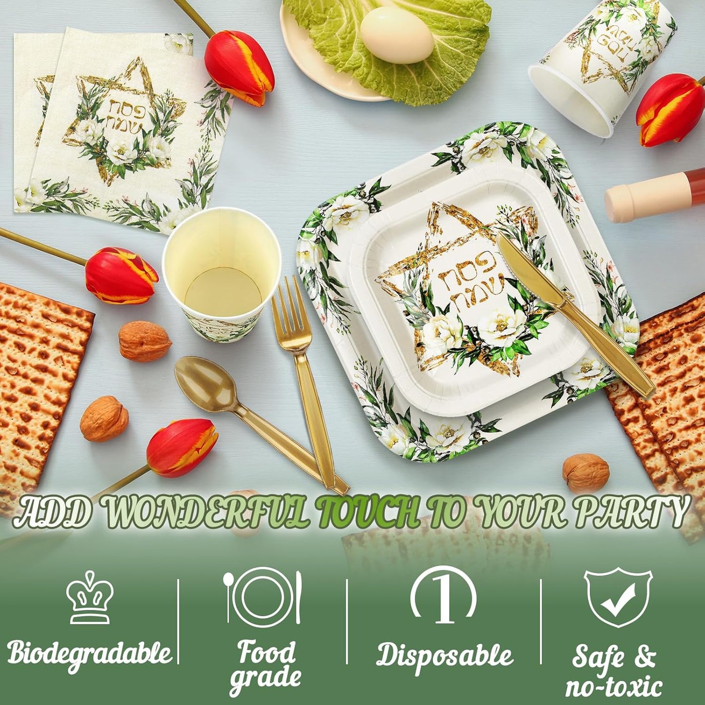 350 Pcs Paper Plates and Napkins Set Disposable Dinnerware Party Supplies Tableware Serve 50 Guest Cups Knife Forks Spoon(Green,Gold,Passover)