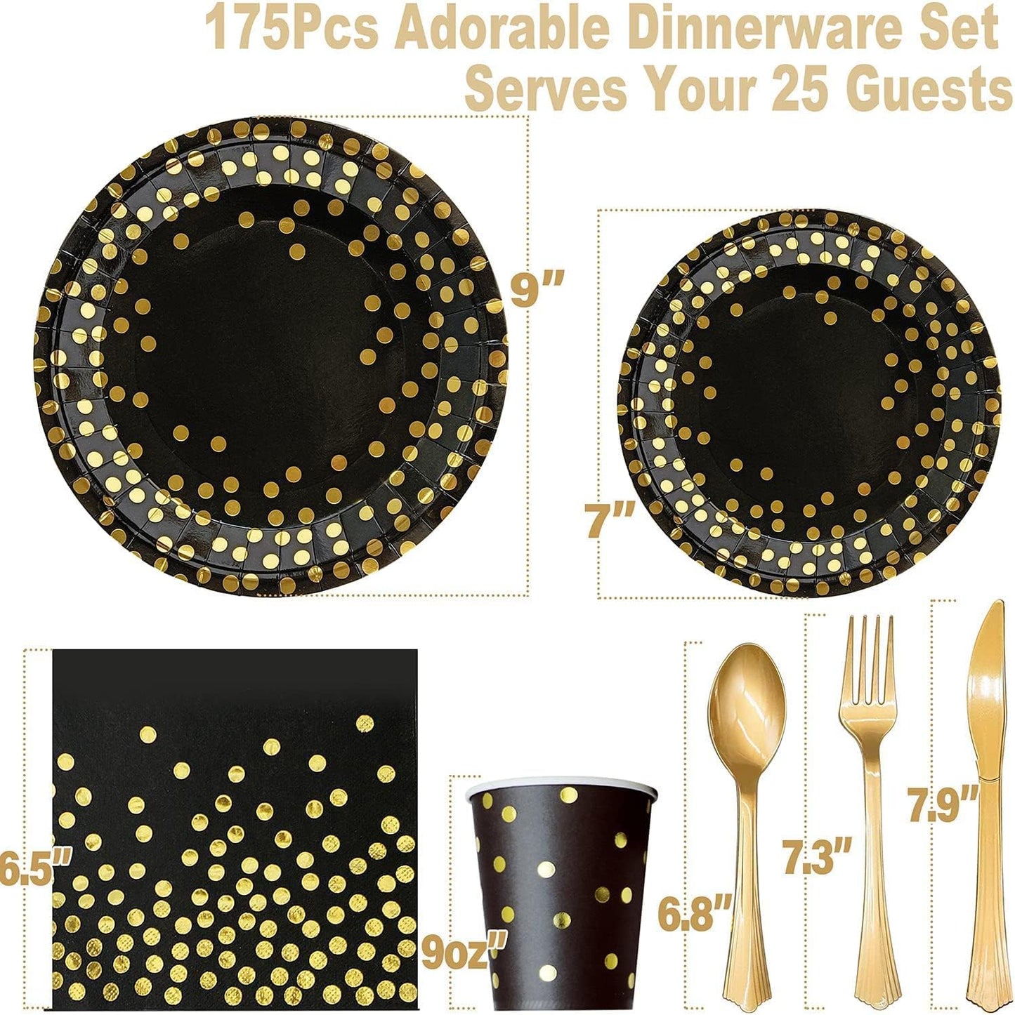 AIRE 175PCS Black Gold Paper Plates Party Supplies Dinnerware Sets for 25 Guests, Disposable Paper Party Plates, Dessert Plates, Cups, Napkins, Plastic Spoons, Forks, Knives for Wedding, Birthday