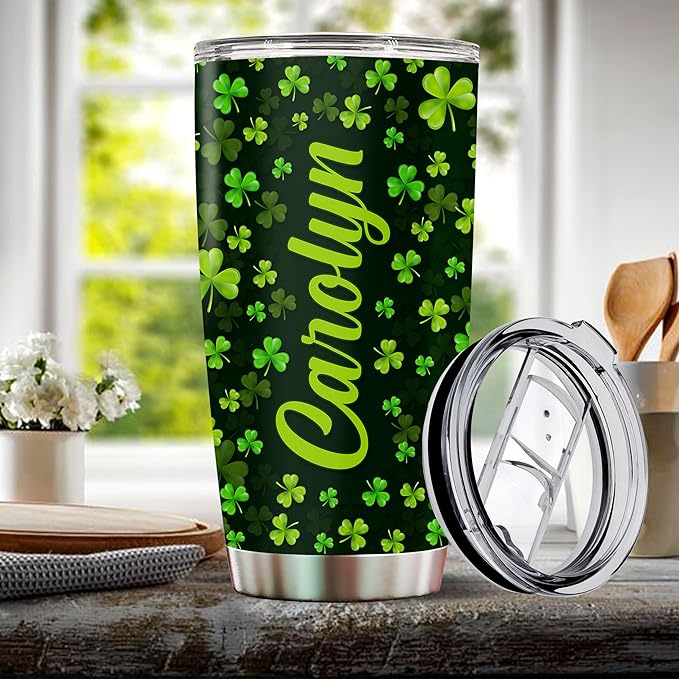 Personalized Green Irish Shamrocks Tumbler For Women with Lid Insulated 20 oz Stainless Steel Water Bottle Coffee Cup Travel Mug Gift For Mom Daughter Wife Girls