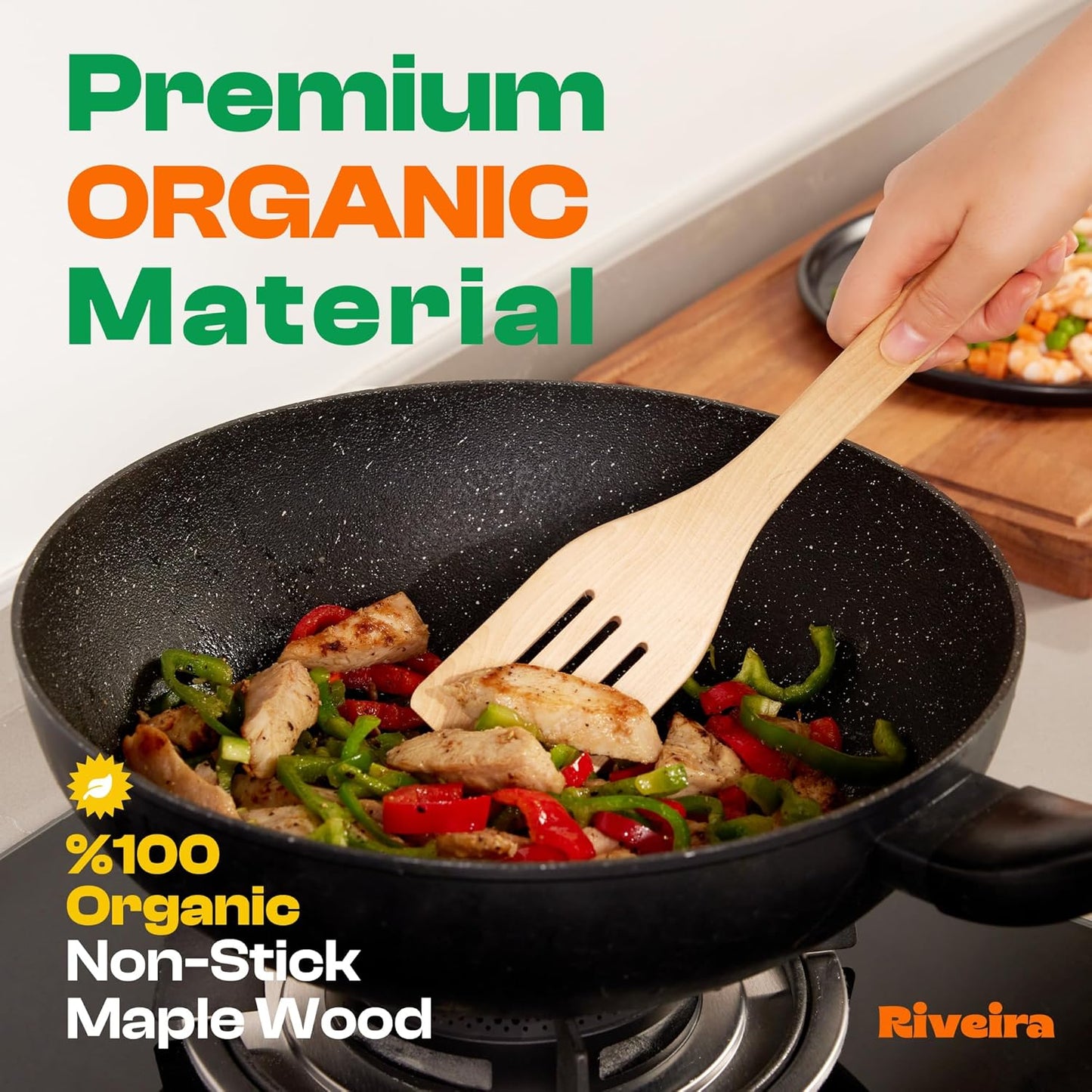 Riveira Maple Wooden Cooking Utensils Set of 9 Premium Quality Non-Toxic Wooden Spoons & Spatulas for Cooking, Stirring, Serving & Flipping