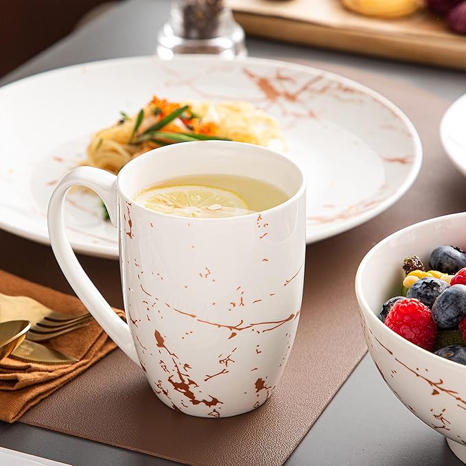 LOVECASA White Dinnerware Sets for 4, 16 Piece Porcelain Dish Set Plates and Bowls Sets, Gold Splash Glaze Ceramic Dinner Set with Mugs, Dishwasher Microwave Safe