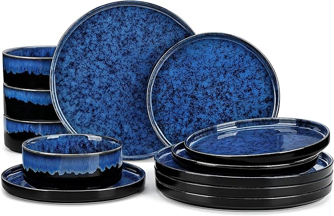 vancasso Starry Plates and Bowls Sets,12 Pieces Blue Dinnerware Sets for Kitchen,Modern Stoneware Dishes Set for 4,Dishwasher and Microwave Safe