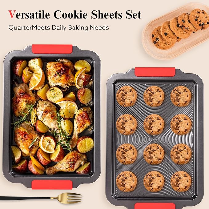 Baking Sheet with Circle Grooves, 1-Piece 16x11in Nonstick Cookie Sheets for Baking & Roasting, Baking Pans with Red Grips, PFAS/PTFE Free,Gray