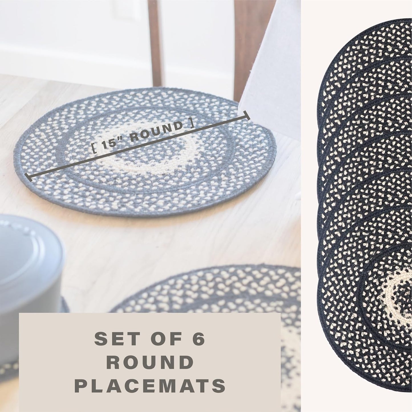 Manchester Jute Woven Round Placemats Set of 6, 15", Country Primitive Decor, Black and Tan Table Mats - Vibrant Colors, Durable, Easy to Clean and Protects Furniture