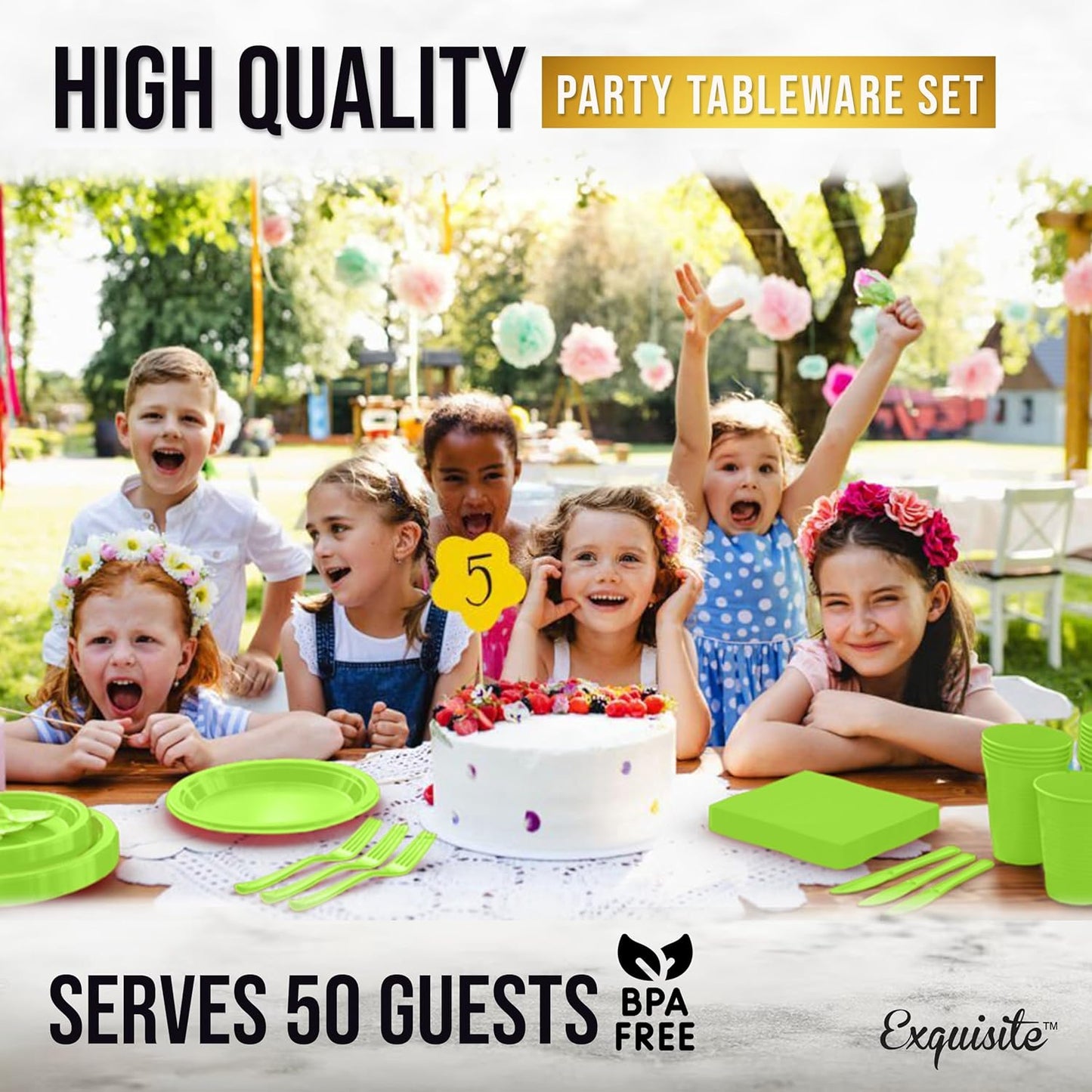 Party Solids 350 Pieces Lime Green Plastic Plates For Party, Lime Green Disposable Plates Set, 50 Of Each 9" Dinner Plate Set, 7" Dessert Plate, Cups, Napkins & Cutlery Plastic Dinnerware