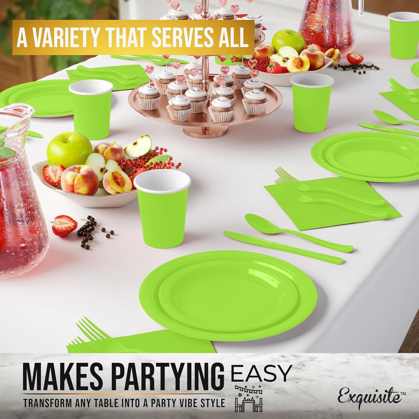 Exquisite 350 Pcs Lime Paper Plates For Party, Lime Disposable Plates Set, 50 Of Each 9" Dinner Plate Set, 7" Dessert Plate, Cups, Napkins & Cutlery Paper Dinnerware