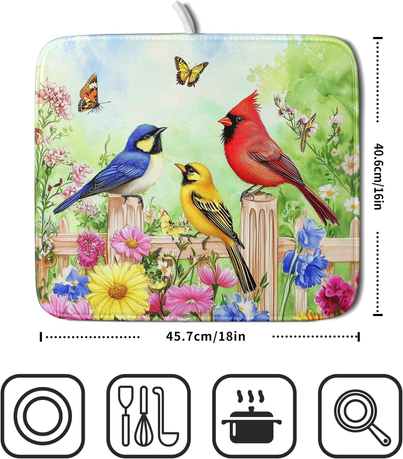 Spring Birds Dish Drying Mats 16x18 Inch,Colorful Flowers Butterfly Absorbent Microfiber Dishes Drainer Rack Mat Tableware Drying Pad for Kitchen Countertop Coffee Bar Sink Decor