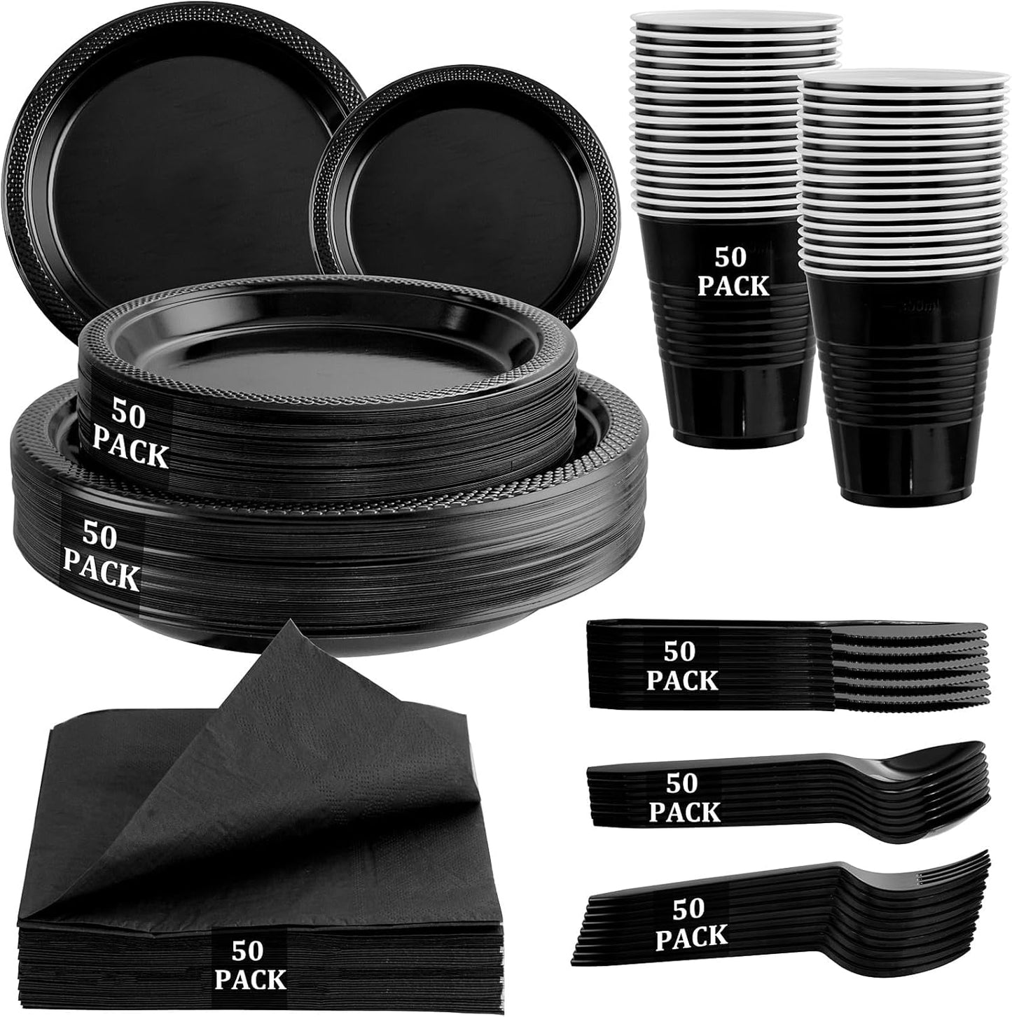 MirthMood 350PCS Black Disposable Plates, Black Party Supplies, Includes 50 Dinner Plates, 50 Salad Plates, 50 Silverware, 50 Napkins and 50 12OZ Cups.