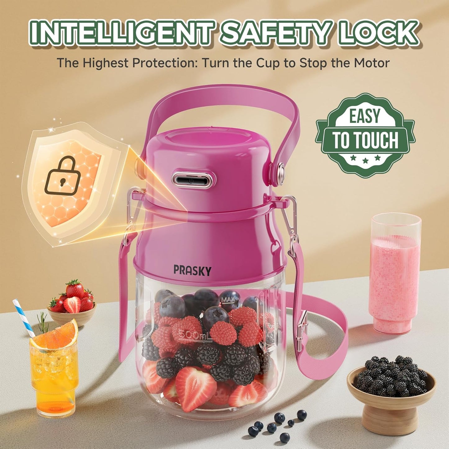 Portable Blender, Prasky Personal Blenders for Shakes and Smoothies with 27oz Cup, Lid and Shoulder Strap, Type-C USB Rechargeable, Personal Size Blenders BPA-free for Travel/Kitchen (Rose Red)