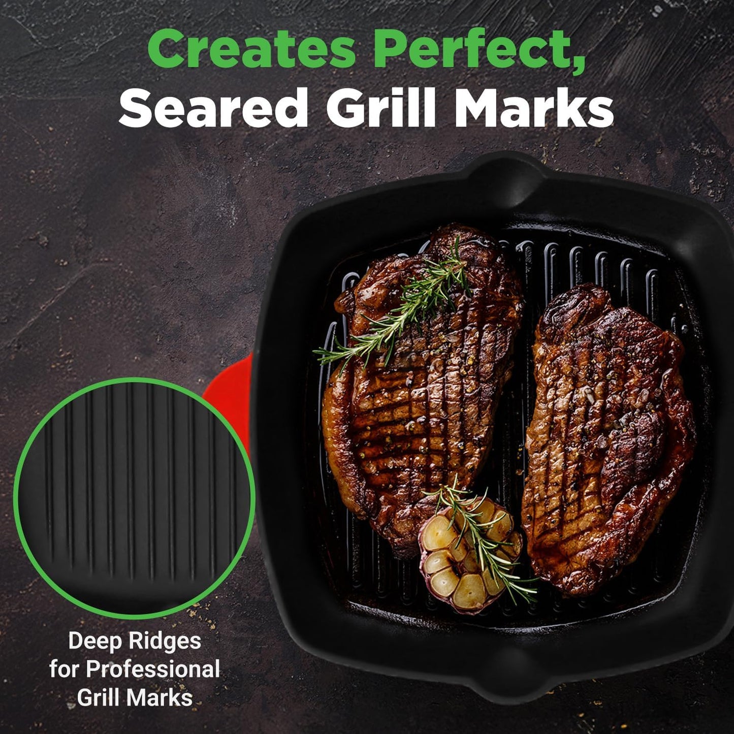 NutriChef 11" Enameled Cast Iron Steak Grill Pan - Square Skillet with Drip Spout, For All Cooktops, Perfect Grill Marks - NCCIES47