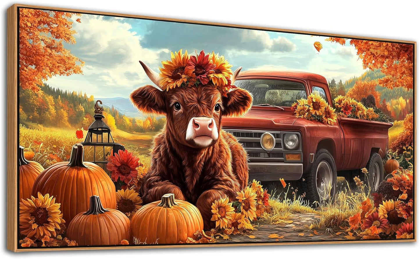 QZQCBLC Large Fall Wall Art - Orange Retro Farm Landscape Paintings Artwork Red Truck Cute Cow Pumpkins Sunflowers Rustic Autumn Canvas Picture for Living Room Bedroom Office Home Decor 24"X48"
