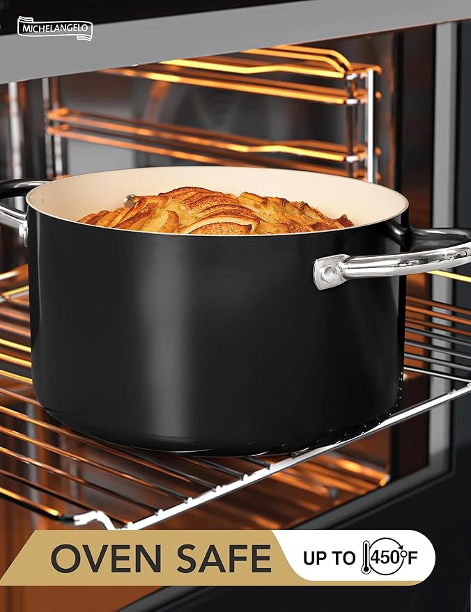 MICHELANGELO Ceramic Stock Pot with Lid, 6 Quart Pot with Nonstick Coating, Induction Cooking Pot for Induction and All Stovetops - 6QT, Black