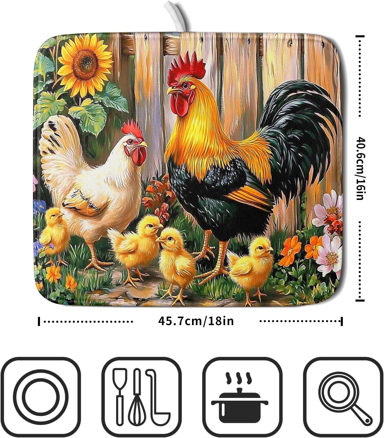 Rooster Dish Drying Mats 16x18 Inch,Farmhouse Chickens Sunflower Rustic Wooden Fence Microfiber Absorbent Draining Racks Sink Drainer Pad for Kitchen Coffee Maker Counter Decor