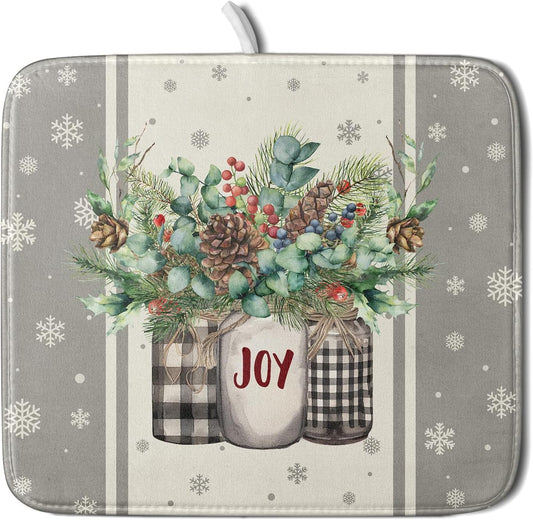 Winter Christmas Dish Drying Mat 16x18 for Kitchen Counter Xmas Joy Poinsettia Flower Berry Snowflake Absorbent Microfiber Fast Dry Dishes Draining Mats Holiday Kitchen Decor