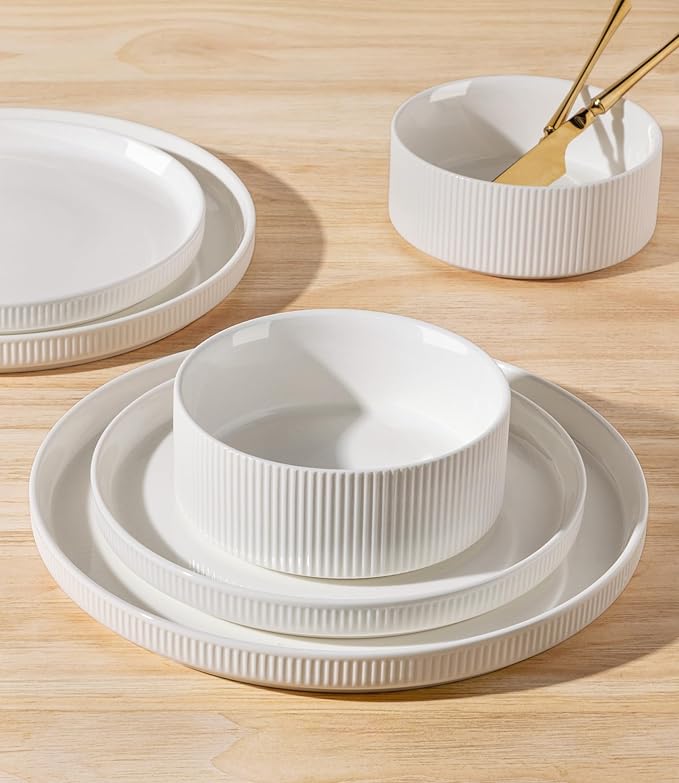 TheTerra Ceramic Dinnerware Sets for 4, 12 Pieces Porcelain Lightweight Plates and Bowls Sets, Scratch Resistant Dish Set, Oven & Microwave & Dishwasher Safe, Bright White