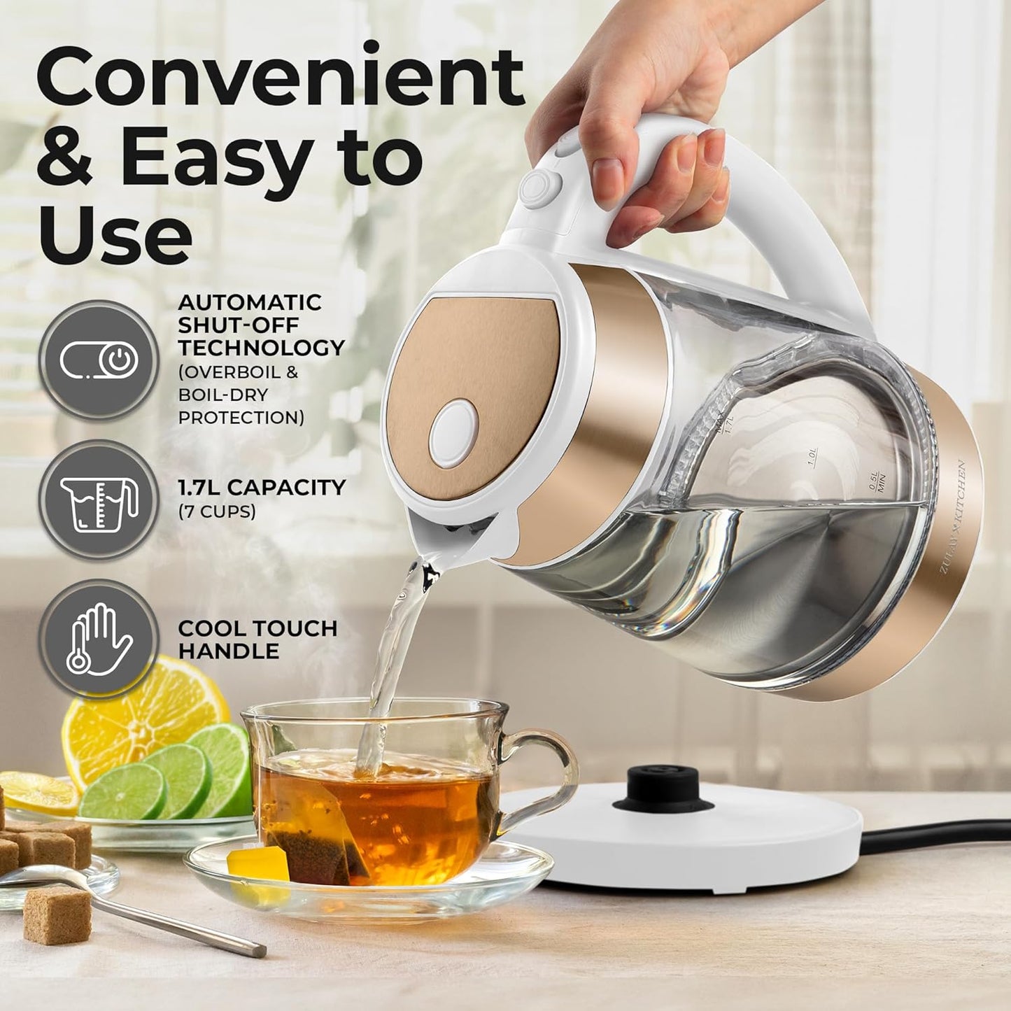 Zulay Kitchen Fast Boiling Electric Water Kettle - 1.7L, 1500W, Auto Shut-Off for Overboil & Boil Dry Protection, Cool-Touch Handle, 360° Base - Rapid Teapot Boiler For Coffee & Tea - White Copper