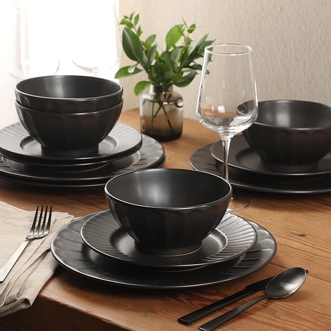 Gibson Elite Winchester Way 12-Piece Embossed Stoneware Dinnerware Set – Reactive Matte Glaze, Durable Lightweight-Tech Plates & Bowls, Everyday Dish Set, Microwave & Dishwasher Safe – Black