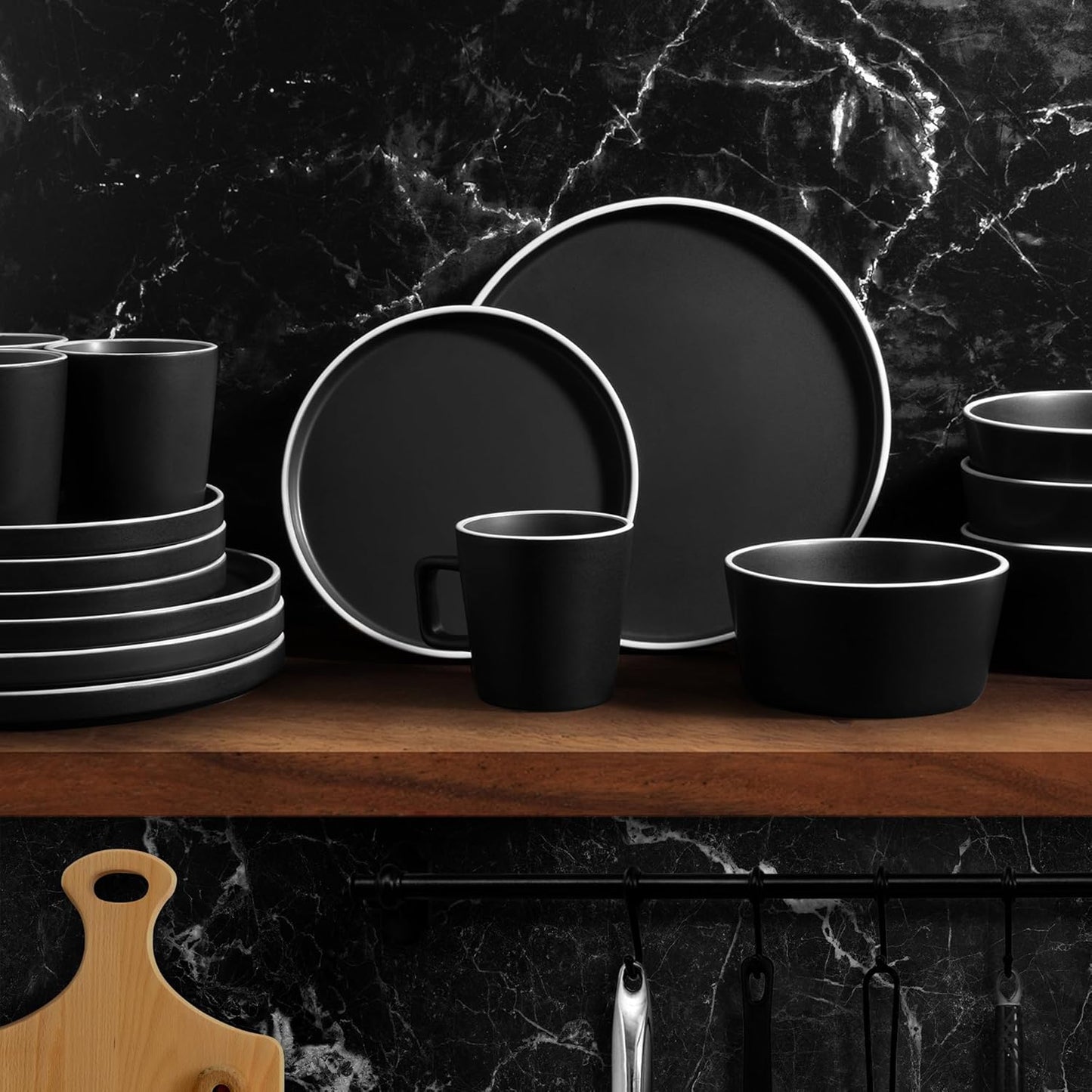 Zulay Kitchen Terra Stoneware Dinnerware Set, Artisanal Ceramic Plates and Bowls Set Crafted at 2300℉ - Service for 4, Black Matte with White Rim