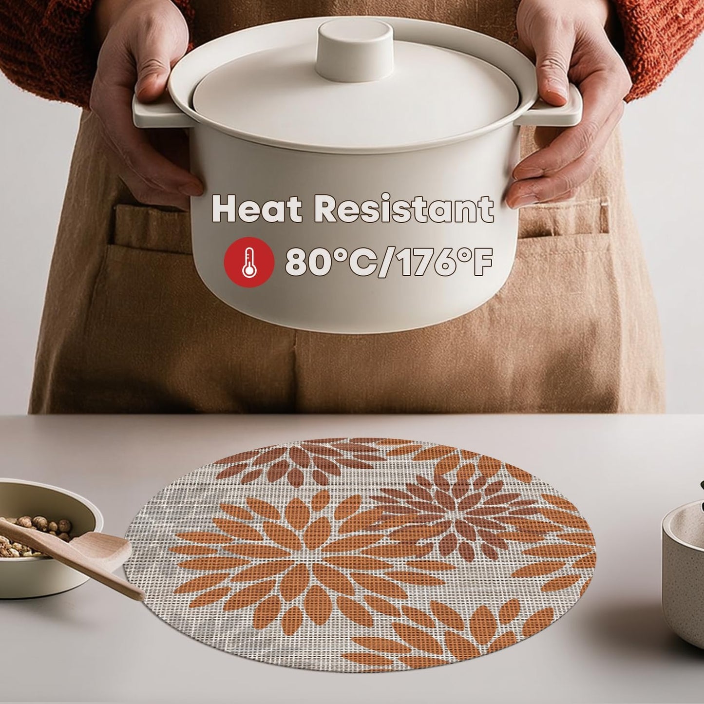 Artoid Mode Orange Dahlia Plastic Round Placemats Set of 4, 14 Inch Seasonal Wipeable Woven Vinyl Table Mats for Farmhouse Party Kitchen Dining Decor