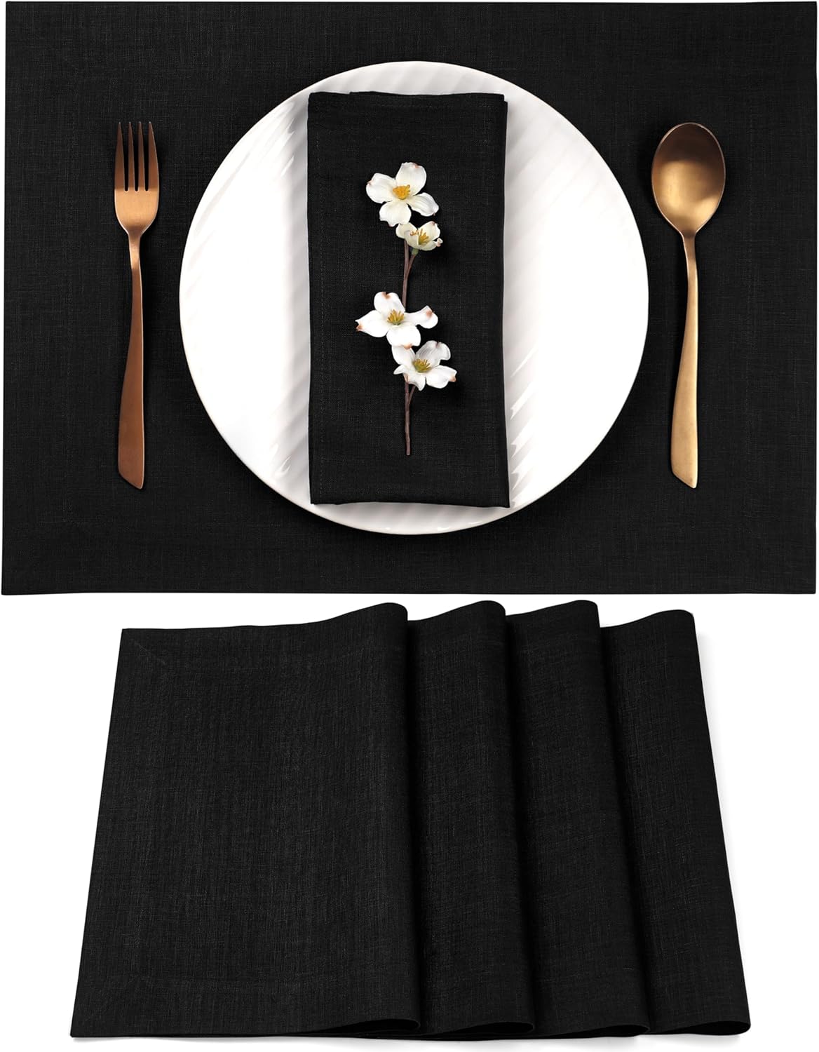 D'Moksha Homes Linen Black Placemats Set of 4-100% Pure Linen Placemats 14 x 19 Inch for Fall, Autumn and Halloween - Handcrafted and Machine Washable