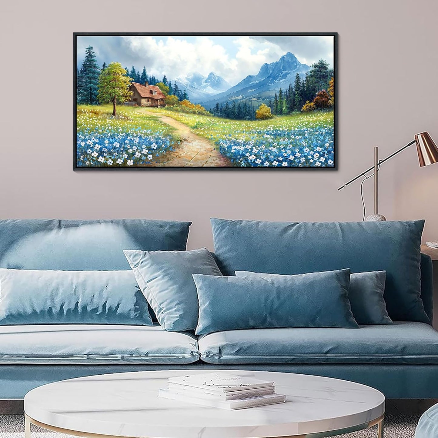 CHATYOUNG Framed Canvas Wall Art Paintings, Blue Misty Mountains Country Cottage White Flowers Spring Landscape Wall Pictures Large 20"X40" for Living Room Bedroom Bathroom Home Decor Gift
