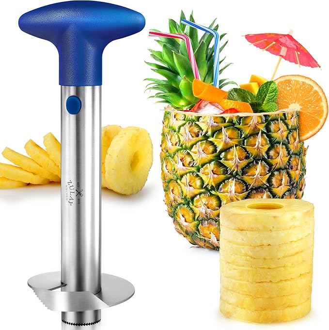 Zulay Kitchen Stainless Steel Pineapple Corer & Slicer + Eye Removal Tool – Heavy Duty Pineapple Cutter with Reinforced Blade – Effortless Pineapple Core Remover & Slicer - Royal Blue