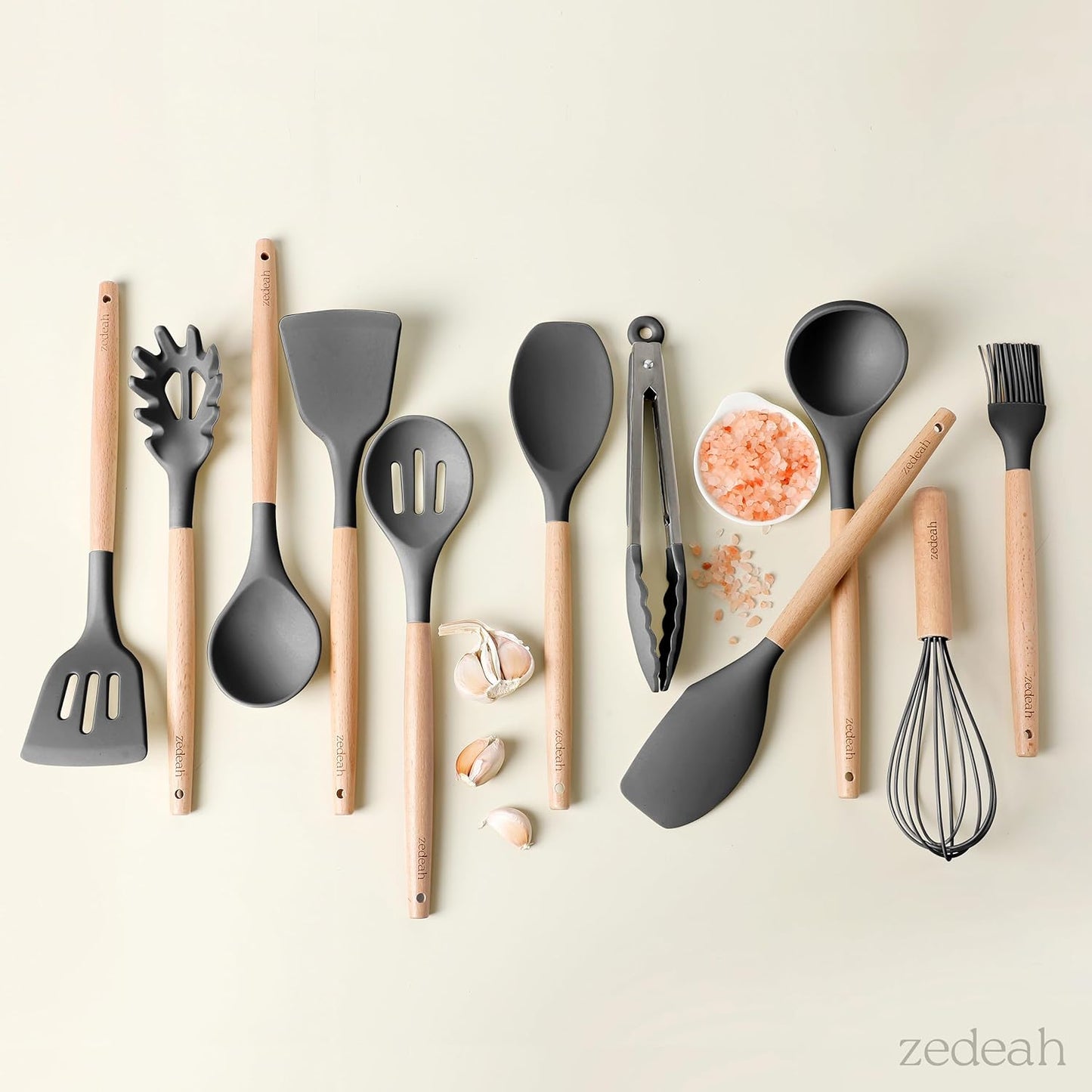 11-Piece Silicone Kitchen Utensil Set with Spatulas, Tongs, Whisk, Turner & Ladle – Heat Resistant, Non-Scratch Cooking Tools with Wooden Handles, Dishwasher Safe, BPA-Free (Black)