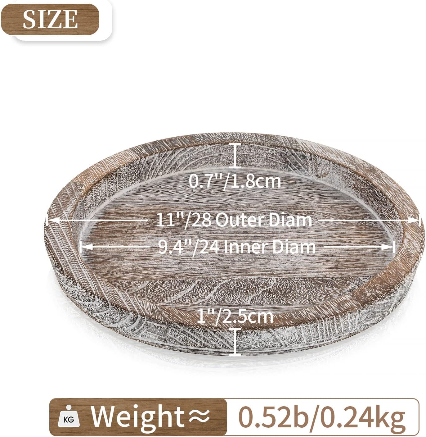 Hanobe Rustic Wooden Serving Tray Set of 2 Round Wood Butler Decorative Tray Whitewash Centerpiece Candle Holder Trays Farmhouse Ottoman Tray for Decor Kitchen Counter Home Decor for Coffee Table
