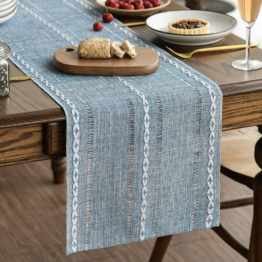 Artoid Mode Dusty Blue Cotton Linen Table Runner, Seasonal Rustic Embroidered Hollow Kitchen Dining Table Decoration for Home Party Decor 13x36 Inch