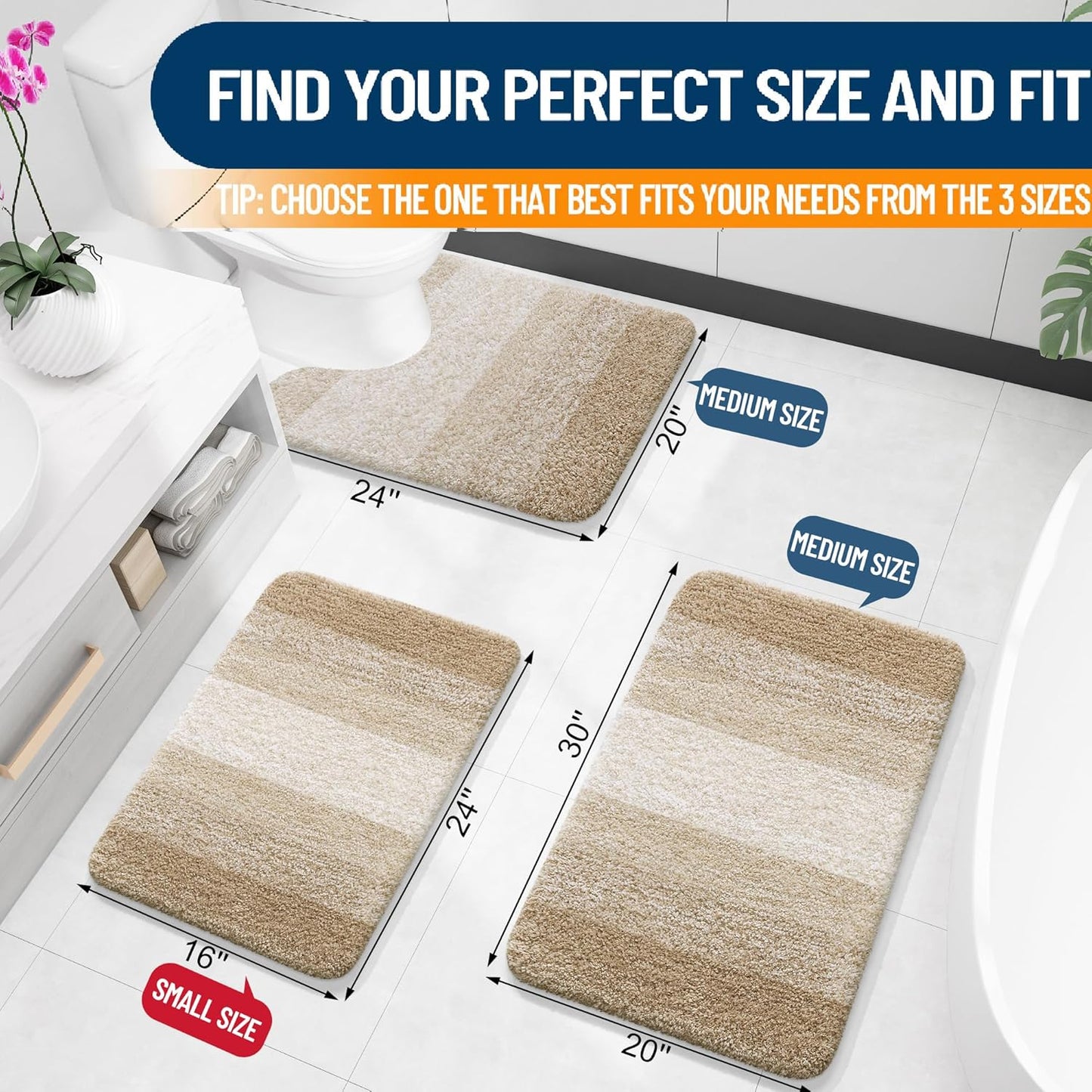 OLANLY Bathroom Rug Set 2 Piece, Soft Absorbent Microfiber Bath Rug Set, Non-Slip, Machine Wash Dry, Plush Shaggy Bath Mats for Bathroom (30"x20"+24"x16", Tan)