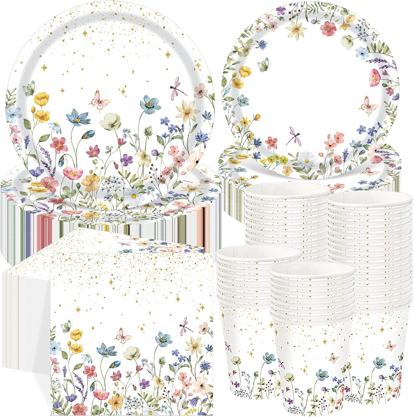 250 Pcs Wildflower Party Decorations Include Spring Summer Floral Paper Plates Napkins and Cups for Wildflower Baby Shower Tea Decorations, Serve 50 Guest (Colorful,Floral Style)