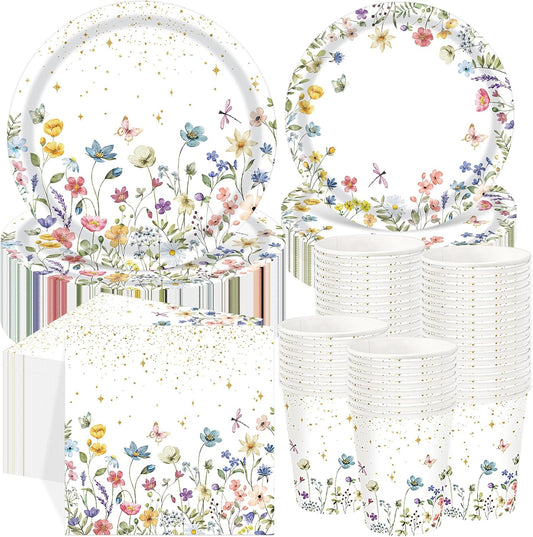 250 Pcs Wildflower Party Decorations Include Spring Summer Floral Paper Plates Napkins and Cups for Wildflower Baby Shower Tea Decorations, Serve 50 Guest (Colorful,Floral Style)