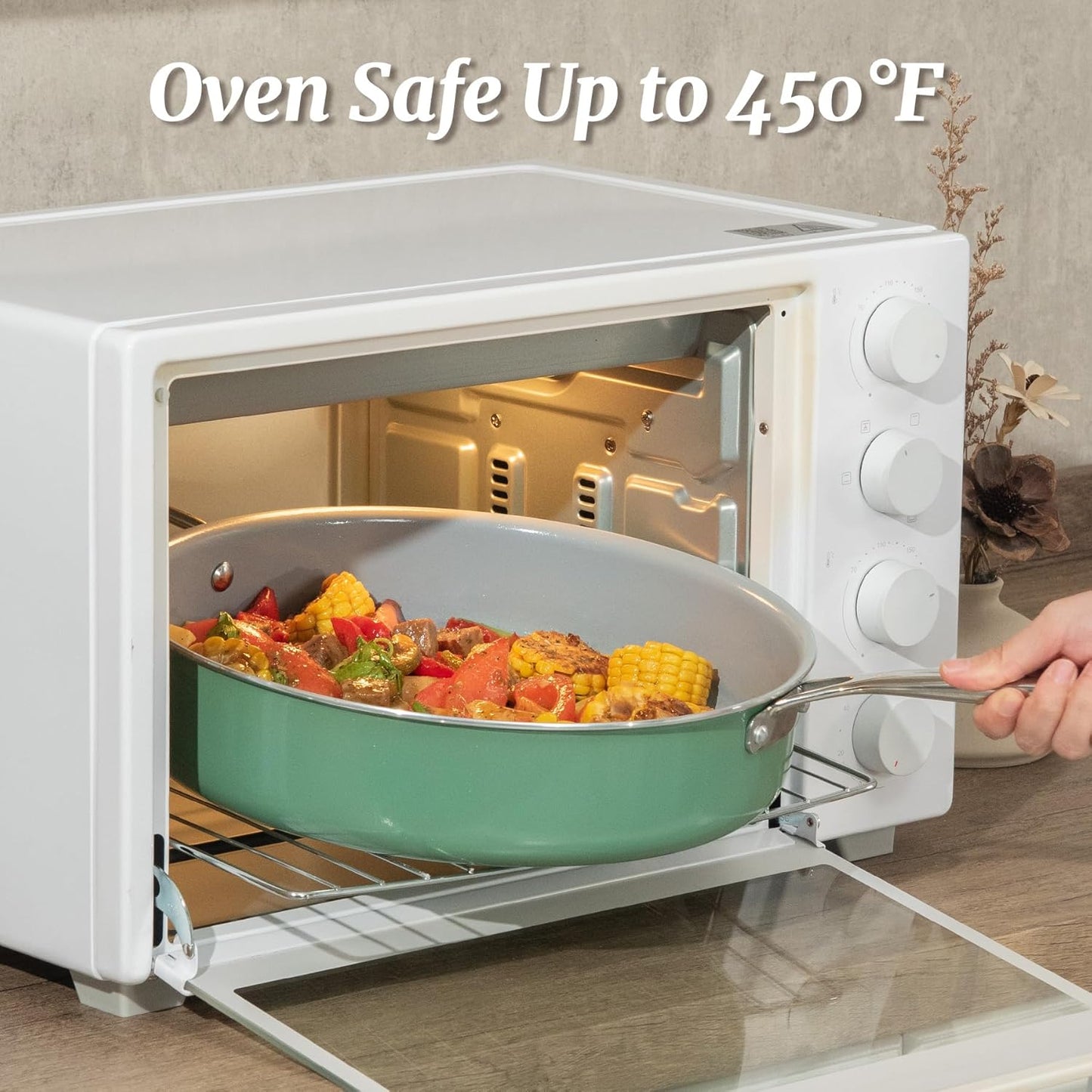 Nonstick Sauté Pan with Lid 5 QT Deep Frying Pan with Stainless Steel Helper Handle 12 inch Large Skillet Ceramic Jumbo Cooker for Healthy Cooking, Induction Compatible Cookware, PFOA Free