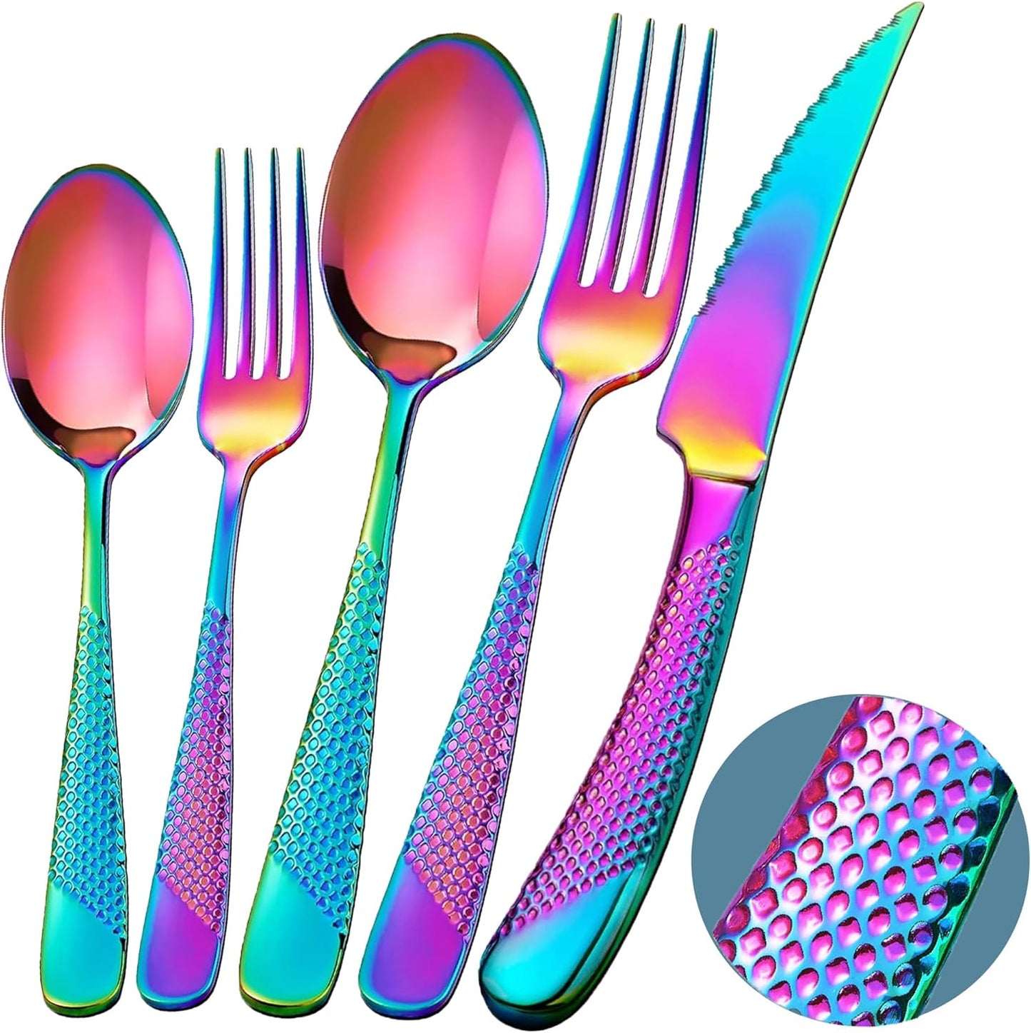 Runfly 20 Piece Hammered Rainbow Silverware Set, 18/10 Stainless Steel Flatware Set, Modern Kitchen Utensil Set Service for 4, Tableware Set, Cutlery Set Including Fork Spoon and Knife