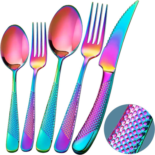 Runfly 20 Piece Hammered Rainbow Silverware Set, 18/10 Stainless Steel Flatware Set, Modern Kitchen Utensil Set Service for 4, Tableware Set, Cutlery Set Including Fork Spoon and Knife
