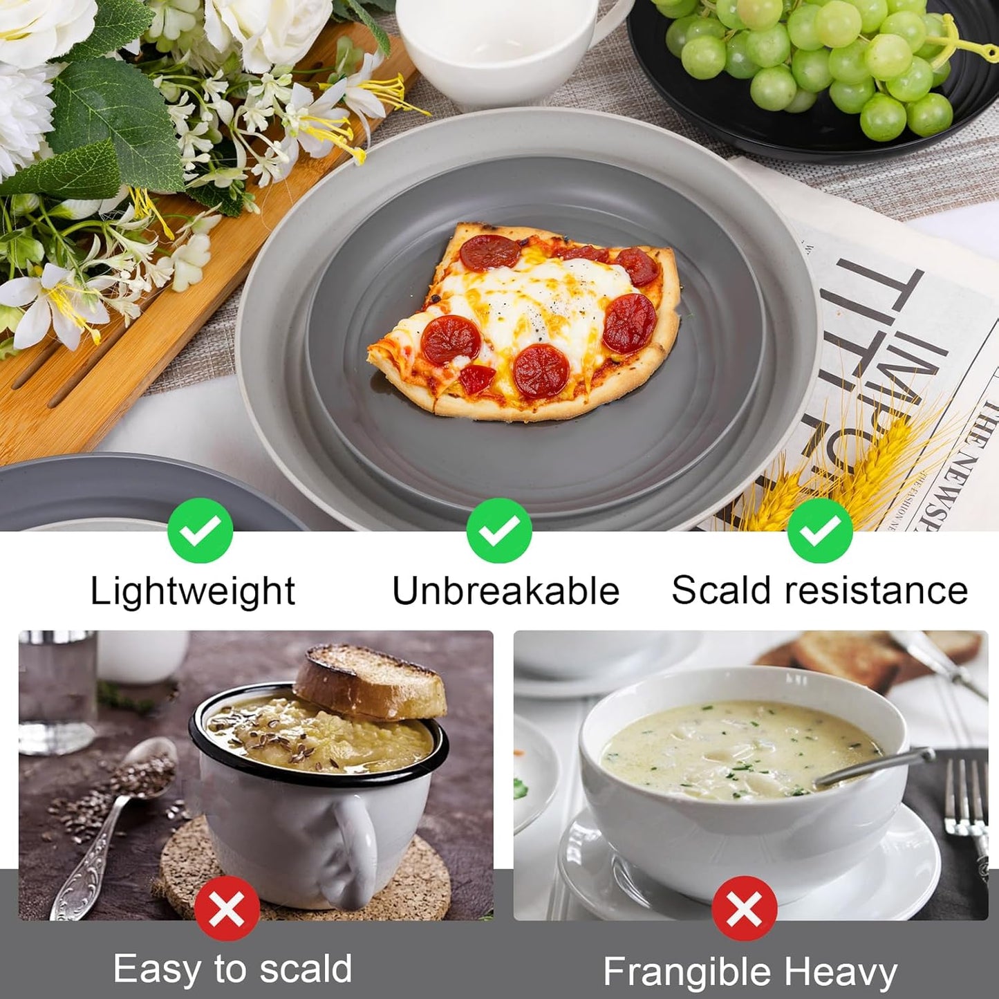 Rubtlamp 24Pcs Kitchen Plastic Wheat Straw Dinnerware Set,Dinnerware Sets for 6,Microwave Dishwasher Safe Plates, Unbreakable Reusable Plastic Wheat Straw Bowls & Plate for Camping