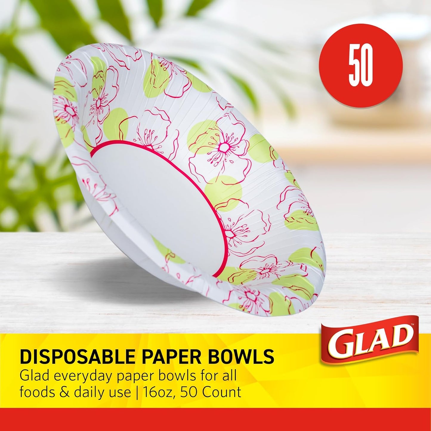 Glad Round Disposable Paper Bowls, Pink Flower Design - Heavy Duty, Soak Proof, Cut-Resistant, Microwavable Bowl for All Foods & Daily Use, 16 Oz, 50 Count