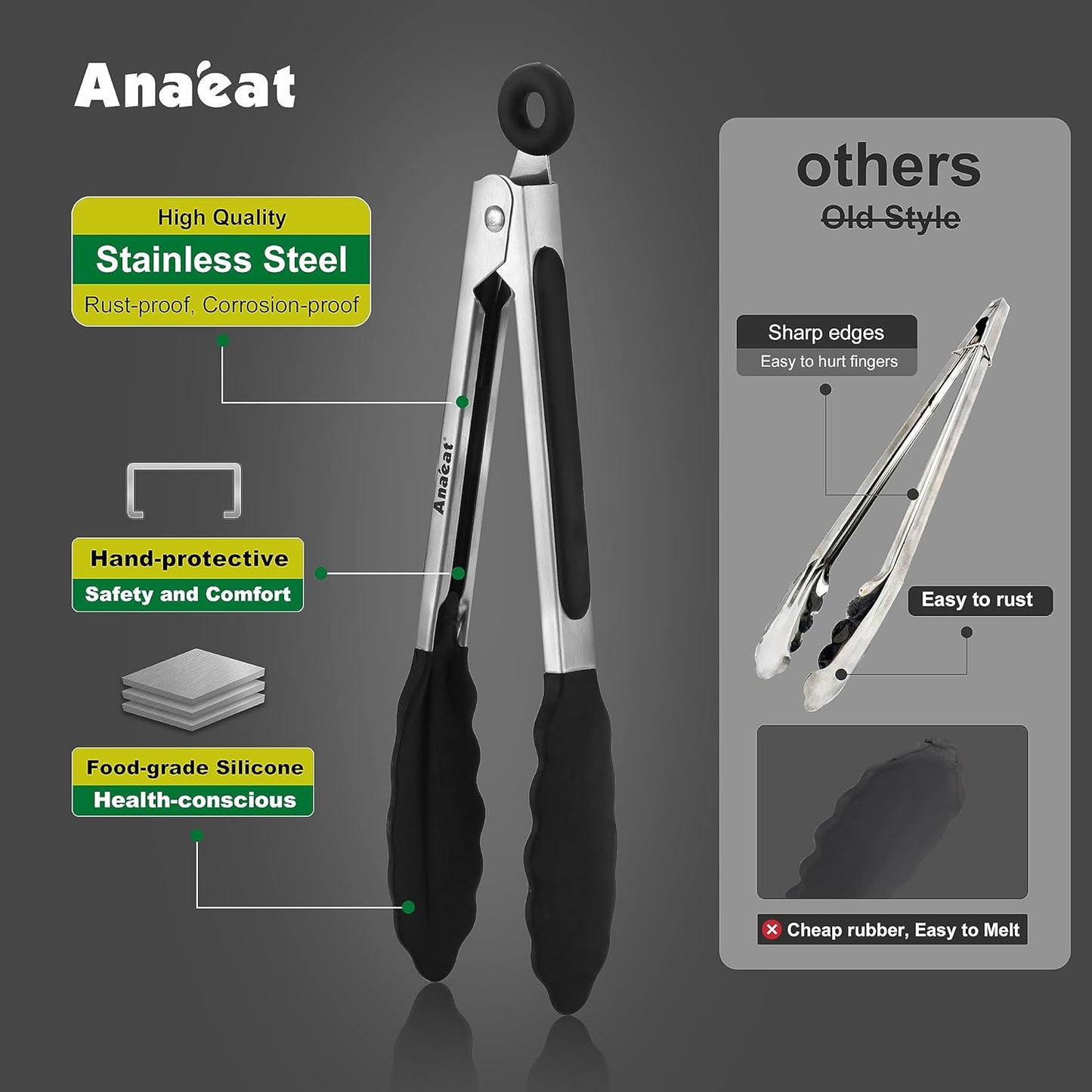 Anaeat Non-Stick Silicone Locking Tong Set of 3 - Stainless Steel 7", 9", 12" Kitchen Food Tongs with Non-Slip Silicone Tips and Grip for Cooking, Baking and BBQ - Heat Resistant up to 480°F (Black)