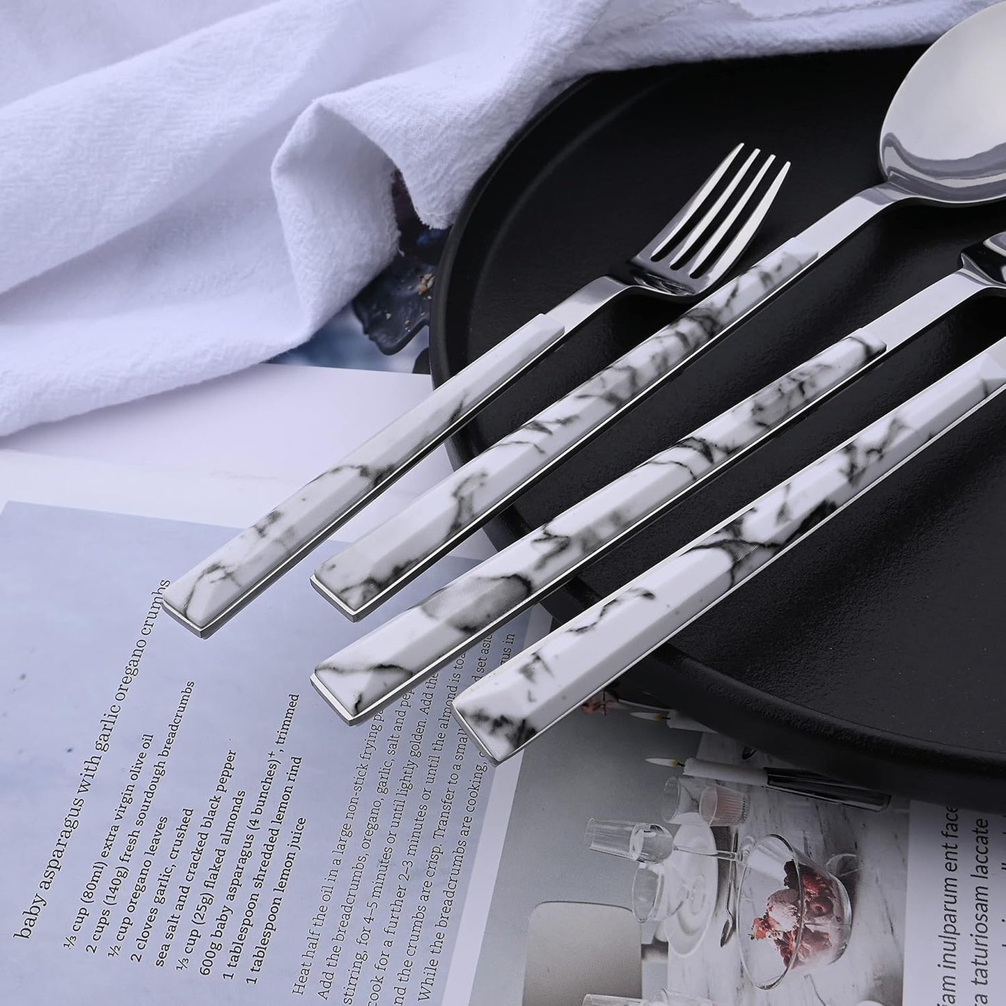 16-Piece Silverware Set with Dessert Fork, Stainless Steel Flatware Cutlery Set for 4, Mirror Finish Tableware Utensil Set, Marble Texture Handle, Include Knife Fork Spoon(White & Silver)