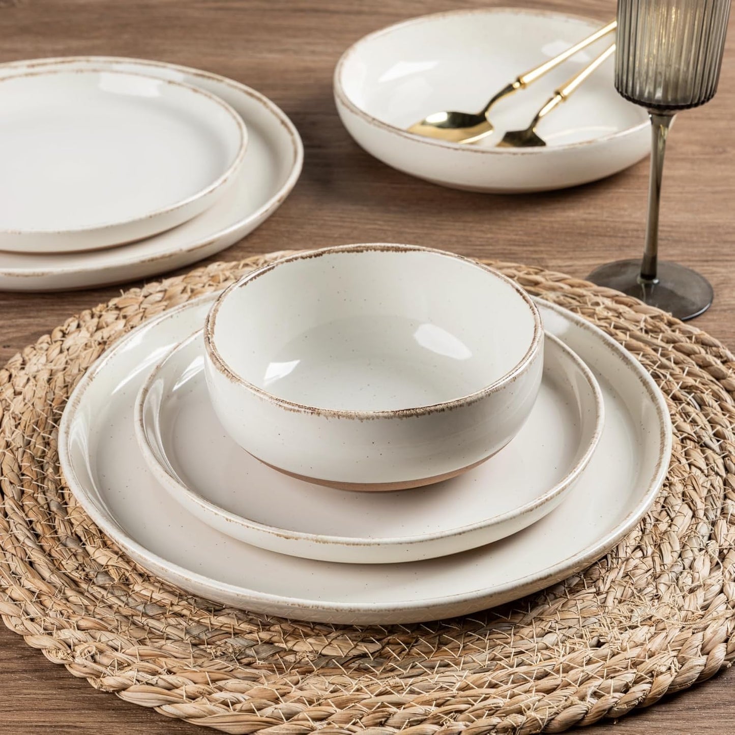 AmorArc Ceramic Dinnerware Sets for 4, 12 Pieces Handpainted Plates and Bowls Set with Rustic Terracotta Underside, Scratch Resistant Stoneware Dishes Set, Dishwasher & Microwave Safe, Beige